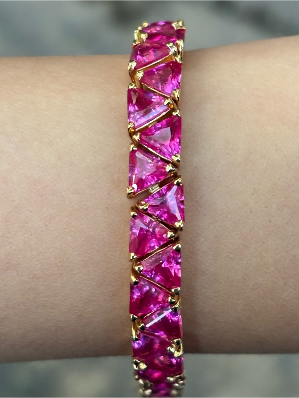 Vintage Pink Trillion Cut Tennis Bracelet 925 Sterling Silver Gold Vermeil 8.5”
